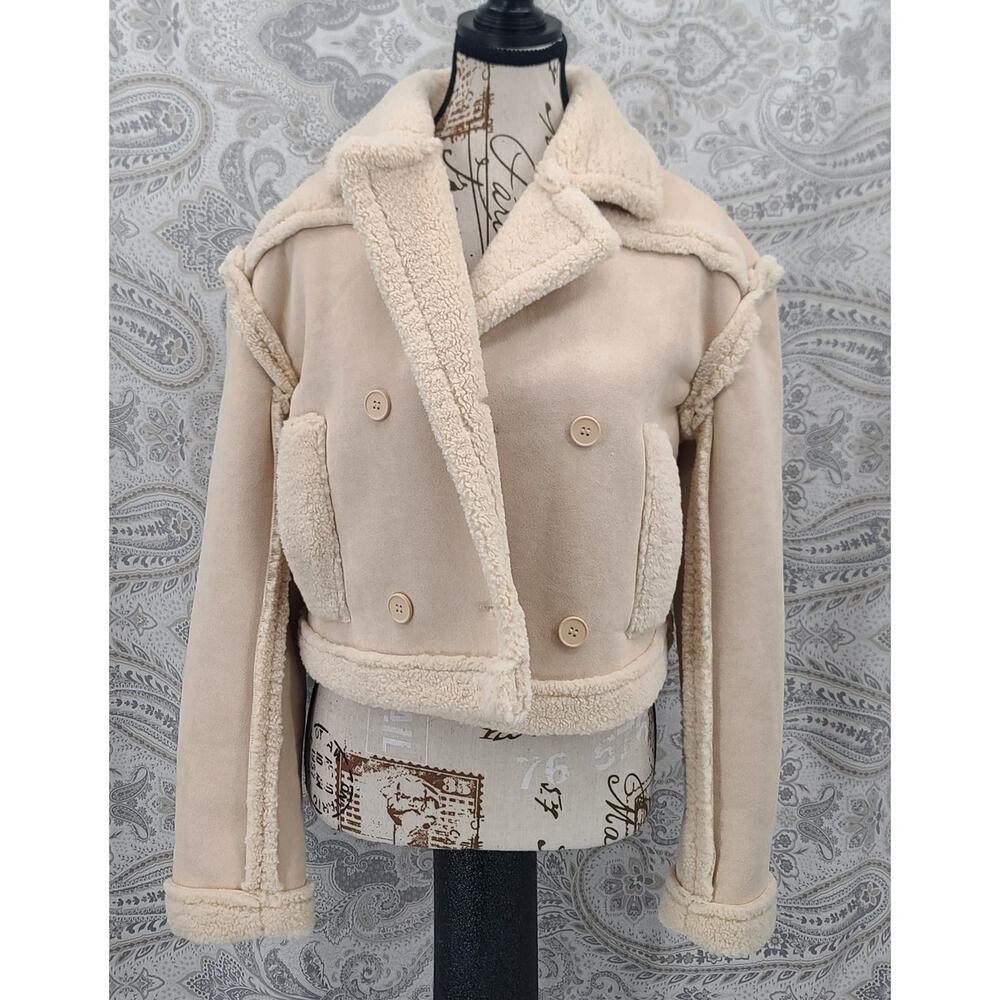 Area Stars Aurora bomber faux suede shearling cream Sz Med Cropped Minimalist - Picture 3 of 13